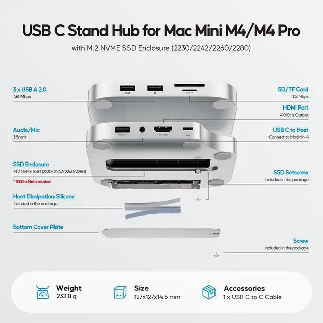 Alt view image 3 of 7 - PULWTOP Mac mini M4 Hub Stand with 4TB M.2 SSD Enclosure (SSD NOT Included), Mac mini M4/ M4 Pro Dock with HDMI 4K 60Hz, 2024 MacMini USB C Hub Accessories, 3 USB A 2.0, SD/TF Card Slots, 3.5mm Audio