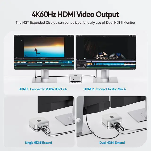 Alt view image 5 of 7 - PULWTOP Mac mini M4 Hub Stand with 4TB M.2 SSD Enclosure (SSD NOT Included), Mac mini M4/ M4 Pro Dock with HDMI 4K 60Hz, 2024 MacMini USB C Hub Accessories, 3 USB A 2.0, SD/TF Card Slots, 3.5mm Audio
