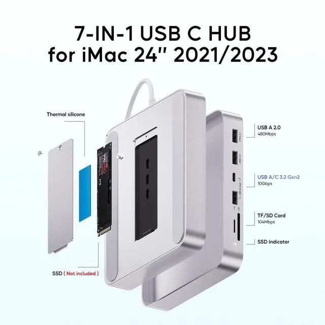 Alt view image 2 of 7 - PULWTOP USB C HUB for iMac 24 inch 2021/2023/2024, USB Hub Adapter iMac Accessories for iMac M1/M3/M4 with USB C 10Gbps 3*USB A SD/TF, Docking Station Support Expand M.2 SSD (Not Included), Silver