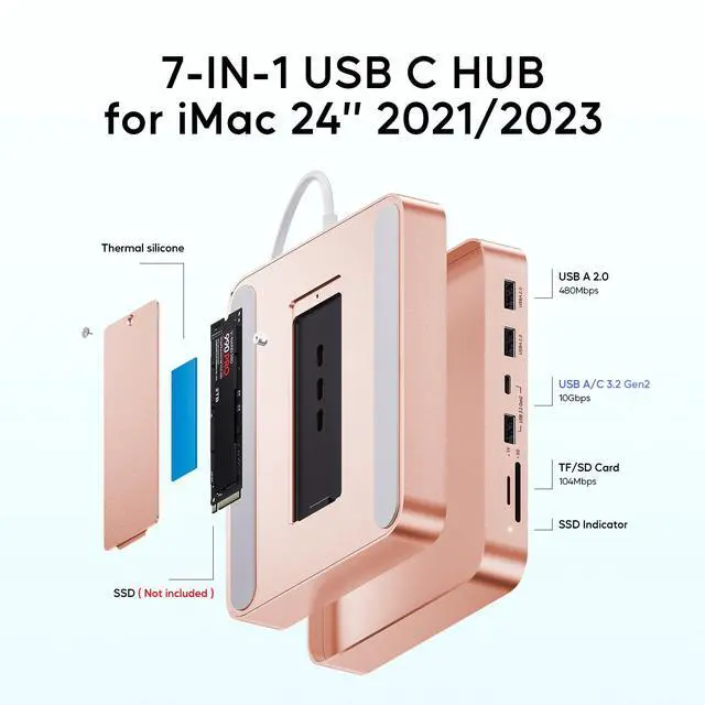Alt view image 2 of 7 - PULWTOP USB C HUB for iMac 24 inch 2021/2023/2024, USB Hub Adapter iMac Accessories for iMac M1/M3/M4 with USB C 10Gbps 3*USB A SD/TF, Docking Station Support Expand M.2 SSD (Not Included), Orange