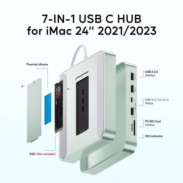 Alt view image 3 of 7 - PULWTOP USB C HUB for iMac 24 inch 2021/2023/2024, USB Hub Adapter iMac Accessories for iMac M1/M3/M4 with USB C 10Gbps 3*USB A SD/TF, Docking Station Support Expand M.2 SSD (Not Included), Green