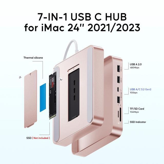 Alt view image 4 of 7 - PULWTOP USB C HUB for iMac 24 inch 2021/2023/2024, USB Hub Adapter iMac Accessories for iMac M1/M3/M4 with USB C 10Gbps 3*USB A SD/TF, Docking Station Support Expand M.2 SSD (Not Included), Pink
