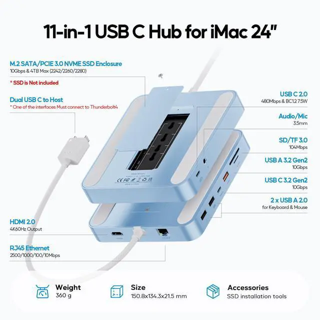 Alt view image 2 of 7 - PULWTOP Upgraded 11 in 1 USB C Hub for iMac 24 inch USB Hub 2021 2023 2024 Support M.2 SSD (NOT Included), iMac Hub M1 M3 M4 Accessories, 4K HDMI, 2.5G Ethernet, 5 USB A/C Max 10Gbps, SD/TF - Blue
