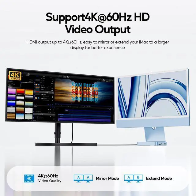 Alt view image 4 of 7 - PULWTOP Upgraded 11 in 1 USB C Hub for iMac 24 inch USB Hub 2021 2023 2024 Support M.2 SSD (NOT Included), iMac Hub M1 M3 M4 Accessories, 4K HDMI, 2.5G Ethernet, 5 USB A/C Max 10Gbps, SD/TF - Blue