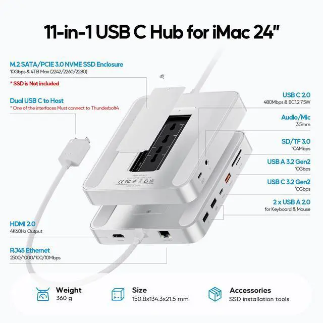 Alt view image 2 of 7 - PULWTOP Upgraded 11 in 1 USB C Hub for iMac 24 inch USB Hub 2021 2023 2024 Support M.2 SSD (NOT Included), iMac Hub M1 M3 M4 Accessories, 4K HDMI, 2.5G Ethernet, 5 USB A/C Max 10Gbps, SD/TF - Silver