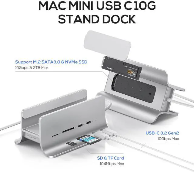 Alt view image 4 of 7 - PULWTOP USB C Hub for Mac Mini, 5 in 1USB Hub Adapter Support M.2 NVMe SSD Expand, Docking Station with 2 USB C 10Gbps, SD/TF Card Reader, M.2 SSD (Not Included)