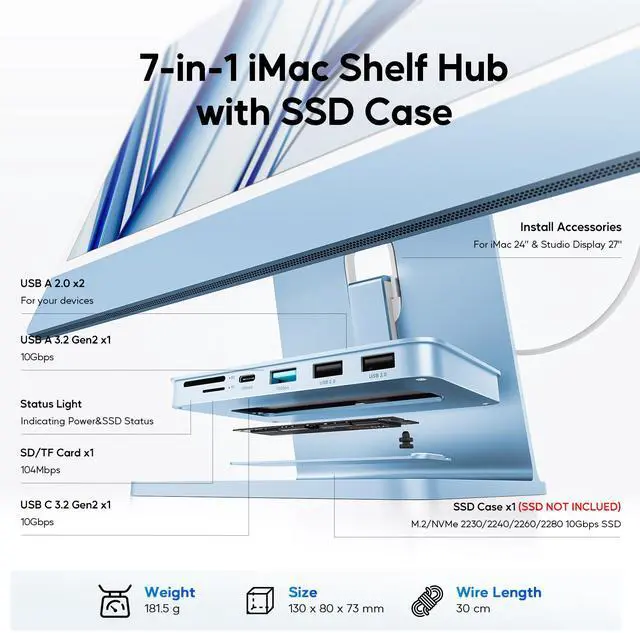 Alt view image 2 of 7 - PULWTOP USB C Hub for iMac - 10Gbps NVMe SATA SSD, USB A/C 10Gbps, 2USB A 2.0, SD/TF for iMac 24 inch & Studio Display 2 Blue