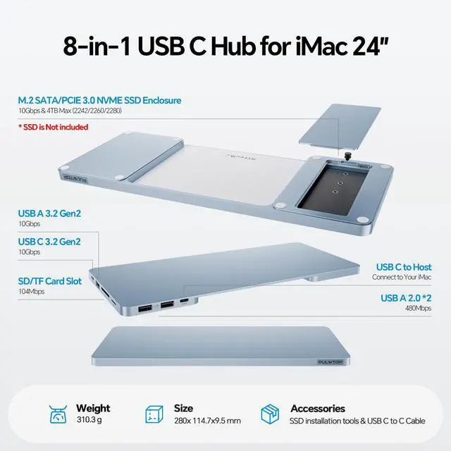 Alt view image 2 of 7 - PULWTOP USB C Hub for iMac 24 inch 2021 2023 2024, 8 in 1 iMac USB Hub with M.2 SSD Expansion (SSD Not Included), USB A/C 3.2 10Gbps, 2 USB A 2.0, SD/TF, iMacM1 M3 M4 Slim Dock Accessories