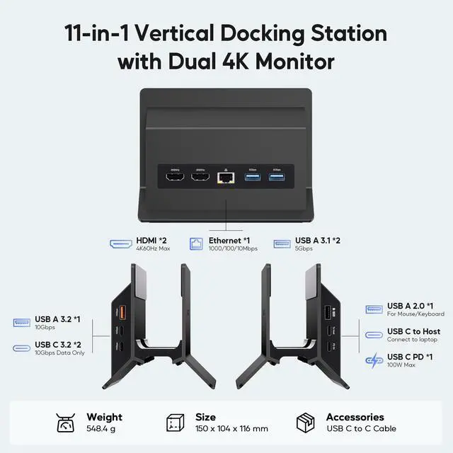 Alt view image 2 of 7 - PULWTOP USB C Laptop Docking Station Dual Monitor, 11 in 1 Vertical Dock with 2 HDMI 4K, 3 USB A/C 10Gbps, 2USB-A 5Gbps, USB A 2.0, Ethernet, Docking Station Stand for Type-C Laptops - Black