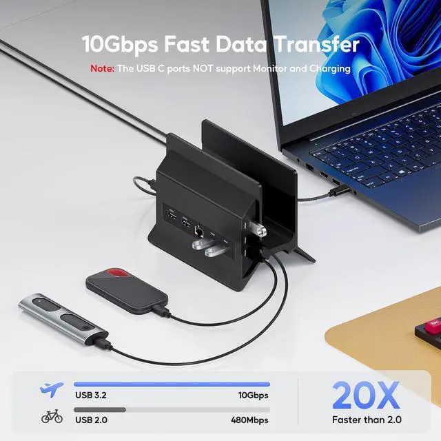 Alt view image 5 of 7 - PULWTOP USB C Laptop Docking Station Dual Monitor, 11 in 1 Vertical Dock with 2 HDMI 4K, 3 USB A/C 10Gbps, 2USB-A 5Gbps, USB A 2.0, Ethernet, Docking Station Stand for Type-C Laptops - Black