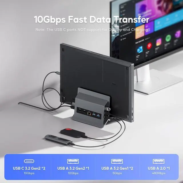 Alt view image 5 of 7 - PULWTOP USB C Laptop Docking Station Dual Monitor, 11 in 1 Vertical Dock with 2 HDMI 4K, 3 USB A/C 10Gbps, 2USB-A 5Gbps, USB A 2.0, Ethernet, Docking Station Stand for Type-C Laptops - Grey