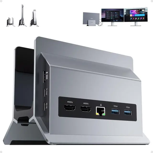 Main image of PULWTOP USB C Laptop Docking Station Dual Monitor, 11 in 1 Vertical Dock with 2 HDMI 4K, 3 USB A/C 10Gbps, 2USB-A 5Gbps, USB A 2.0, Ethernet, Docking Station Stand for Type-C Laptops - Grey