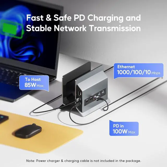 Alt view image 6 of 7 - PULWTOP USB C Laptop Docking Station Dual Monitor, 11 in 1 Vertical Dock with 2 HDMI 4K, 3 USB A/C 10Gbps, 2USB-A 5Gbps, USB A 2.0, Ethernet, Docking Station Stand for Type-C Laptops - Grey