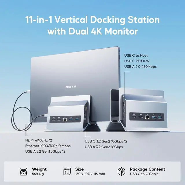 Alt view image 2 of 7 - PULWTOP USB C Laptop Docking Station Dual Monitor, 11 in 1 Vertical Dock with 2 HDMI 4K, 3 USB A/C 10Gbps, 2USB-A 5Gbps, USB A 2.0, Ethernet, Docking Station Stand for Type-C Laptops - Grey