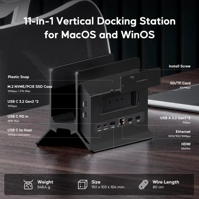 Alt view image 2 of 7 - PULWTOP Vertical Laptop Docking Station for MacBook Pro Air, Support M.2 SSD Expansion, 1 x HDMI 4K, 2 x USB-C 10Gbps, 2 x USB-A 5Gbps, RJ45, SD/TF, USB-C 100W PD Dock for Full-featured Type-C Laptops