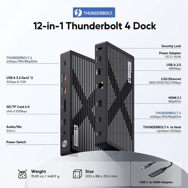 Alt view image 2 of 7 - PULWTOP Thunderbolt 4 Dock, Thunderbolt 4 Hub with Dual Monitor 8K/4K Display, Laptop Docking Station with 40Gb/s, HDMI, SD/TF4.0, 2.5GbE for Windows, MacMiniM4 & Mac M4/Pro/Max, Thunderbolt Certified