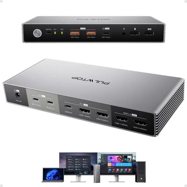 Main image of PULWTOP KVM Switch Docking Station for Laptop & Desktop, 4K EDID KVM Switches Dock Dual Monitor with 2 HDMI, USB A/C 3.2 10Gbps, 15W Charging, Audio, USB C Swtich Docking for Sharing Keyboard Mouse