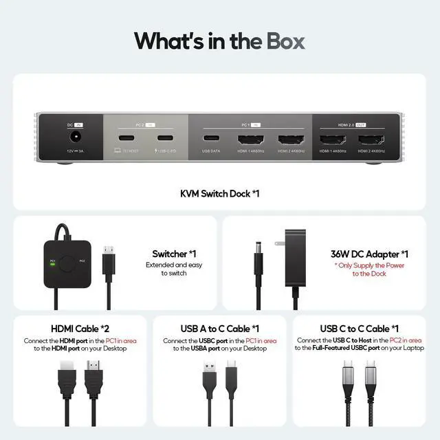 Alt view image 6 of 7 - PULWTOP KVM Switch Docking Station for Laptop & Desktop, 4K EDID KVM Switches Dock Dual Monitor with 2 HDMI, USB A/C 3.2 10Gbps, 15W Charging, Audio, USB C Swtich Docking for Sharing Keyboard Mouse