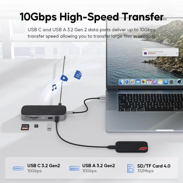 Alt view image 3 of 7 - PULWTOP Laptop Docking Station, 9 in 1 USB C Mini Dock with 4K@120Hz/8K@30Hz HDMI, 2.5G LAN, 100W PD, USB A/C 10Gbps, SD/TF 4.0, USB C Hub Compatible with Thunderbolt 3/4 and Full-Type-C Laptops