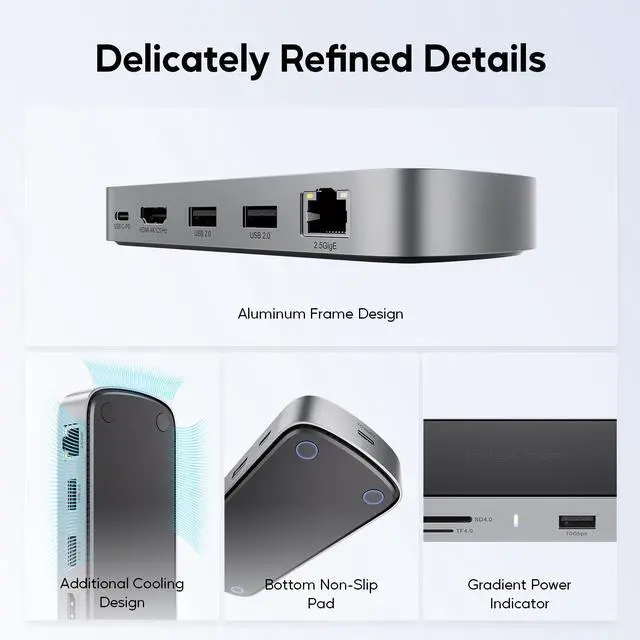 Alt view image 7 of 7 - PULWTOP Laptop Docking Station, 9 in 1 USB C Mini Dock with 4K@120Hz/8K@30Hz HDMI, 2.5G LAN, 100W PD, USB A/C 10Gbps, SD/TF 4.0, USB C Hub Compatible with Thunderbolt 3/4 and Full-Type-C Laptops