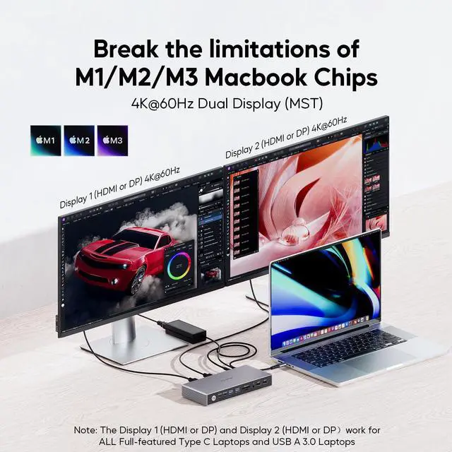 Alt view image 3 of 7 - PULWTOP Displaylink Docking Station, USB C DisplayLink Dock Dual Displays for MacBook M1/M2/M3/M4 Windows, 4K@60Hz Displaylink Dock with 2HDMI, 2 Display Port, 2USB C Data, 6 USBA, Ethernet, Audio