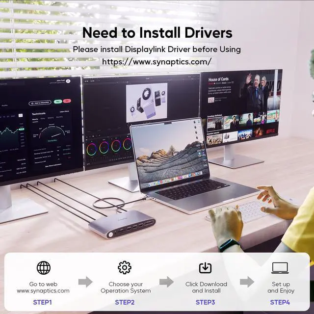 Alt view image 6 of 7 - PULWTOP DisplayLink Docking Station Triple Monitor with 140W Power Adapter, PULWTOP 4K@60Hz Laptop Docking USB C Dock for MacBook M1/M2/M3, Windows, 3xHDMI, 2xDisplayPort,5xUSB C/USB A Data/Charging