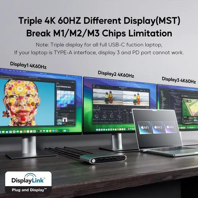 Alt view image 4 of 7 - PULWTOP DisplayLink Docking Station Triple Monitor with 140W Power Adapter, PULWTOP 4K@60Hz Laptop Docking USB C Dock for MacBook M1/M2/M3, Windows, 3xHDMI, 2xDisplayPort,5xUSB C/USB A Data/Charging
