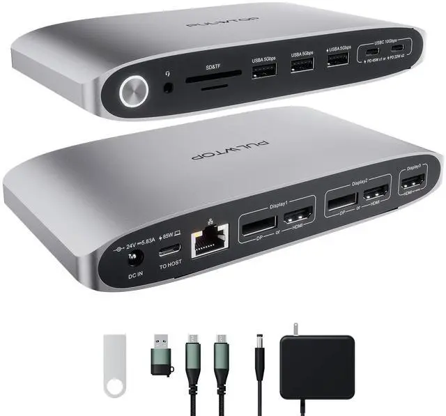 Main image of PULWTOP DisplayLink Docking Station Triple Monitor with 140W Power Adapter, PULWTOP 4K@60Hz Laptop Docking USB C Dock for MacBook M1/M2/M3, Windows, 3xHDMI, 2xDisplayPort,5xUSB C/USB A Data/Charging