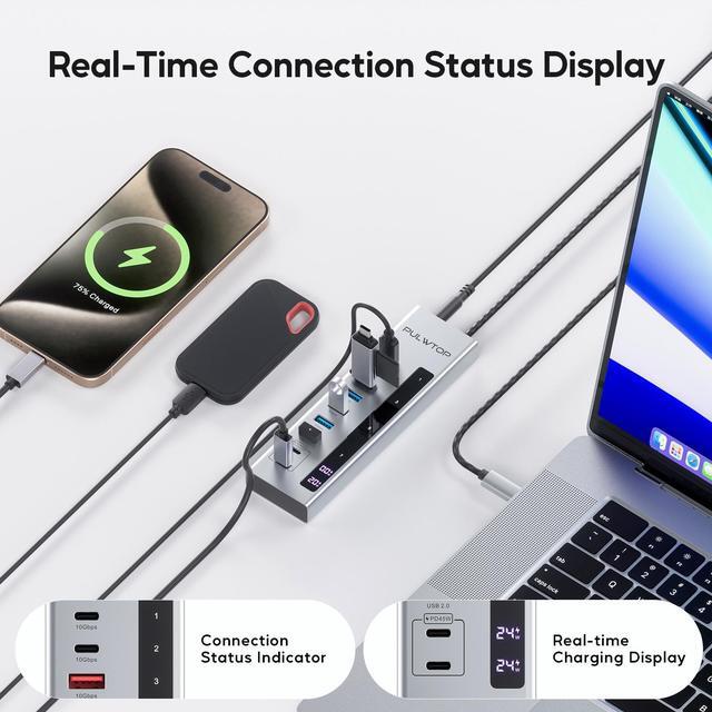 Alt view image 6 of 7 - PULWTOP Powered USB C Hub, 10-in-1 USB 3.2 Data Hub with 3 x USB A/C 10Gbps, 3 x USBA 5Gbps, USB A 2.0, 100W PD-in, 2 x 24/45W Type-C Charging Ports (72W Adapter Included)