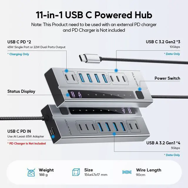 Alt view image 2 of 7 - PULWTOP 9-in-1 USB 3.2 Data Hub, Power Adapter NOT Included, Powered USB C Hub with 3 x USB-C 10Gbps, 4 x USB-A 5Gbps and 2 x 24/45W Type-C PD Charging Ports USB Hub