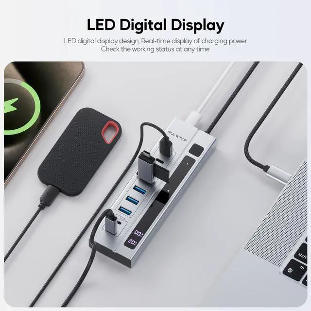 Alt view image 5 of 7 - PULWTOP 9-in-1 USB 3.2 Data Hub, Power Adapter NOT Included, Powered USB C Hub with 3 x USB-C 10Gbps, 4 x USB-A 5Gbps and 2 x 24/45W Type-C PD Charging Ports USB Hub
