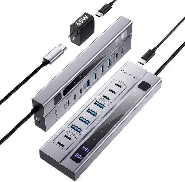 Main image of PULWTOP 9-in-1 Powered USB C Hub, USB 3.2 Data Hub with 65W PD Power Adapter, 3 x USB-C 10Gbps, 4 x USB-A 5Gbps and 2 x 24/45W Type-C PD Charging Ports USB Hub