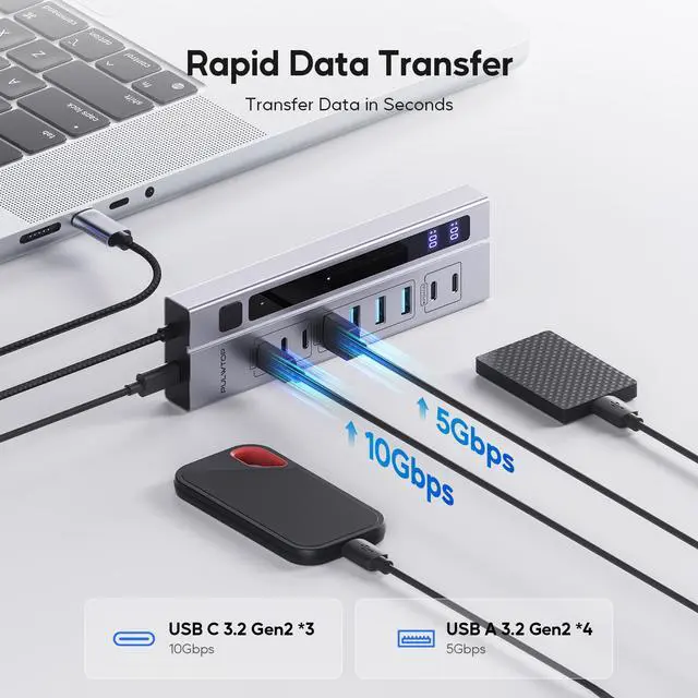 Alt view image 4 of 7 - PULWTOP 9-in-1 Powered USB C Hub, USB 3.2 Data Hub with 65W PD Power Adapter, 3 x USB-C 10Gbps, 4 x USB-A 5Gbps and 2 x 24/45W Type-C PD Charging Ports USB Hub