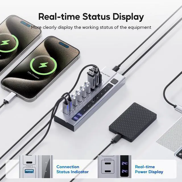Alt view image 5 of 7 - PULWTOP 9-in-1 Powered USB C Hub, USB 3.2 Data Hub with 65W PD Power Adapter, 3 x USB-C 10Gbps, 4 x USB-A 5Gbps and 2 x 24/45W Type-C PD Charging Ports USB Hub