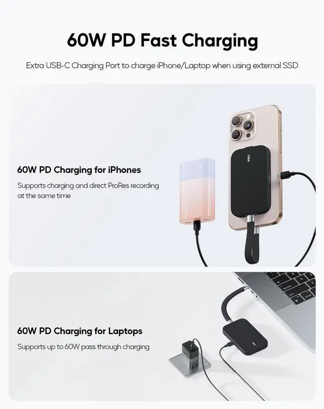 Alt view image 4 of 6 - PULWTOP Magnetic M.2 2230 SSD Enclosure for iPhone 15 16 Pro/Max ProRes, M.2 2242 2260 2280 NVMe SSD to USB C Enclosure 10Gbps, 60W PD, USB-C/ 3.5mm Audio for MacBook iPad (SSD Not Included) - Black
