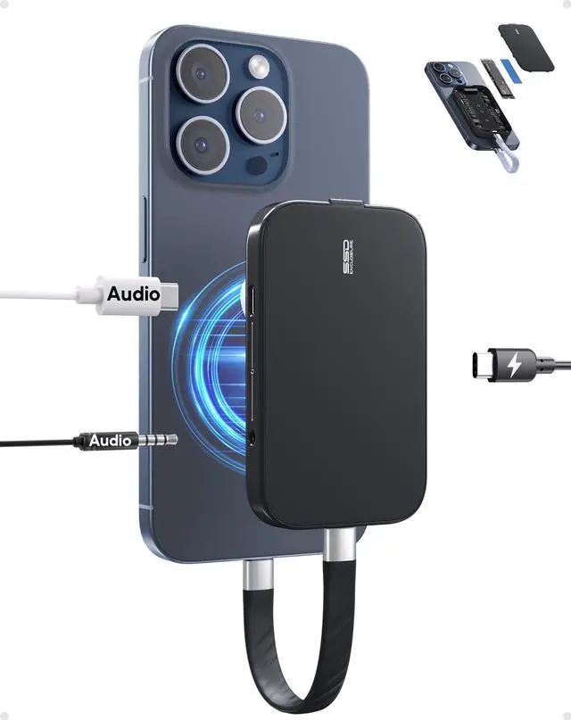 Main image of PULWTOP Magnetic M.2 2230 SSD Enclosure for iPhone 15 16 Pro/Max ProRes, M.2 2242 2260 2280 NVMe SSD to USB C Enclosure 10Gbps, 60W PD, USB-C/ 3.5mm Audio for MacBook iPad (SSD Not Included) - Black