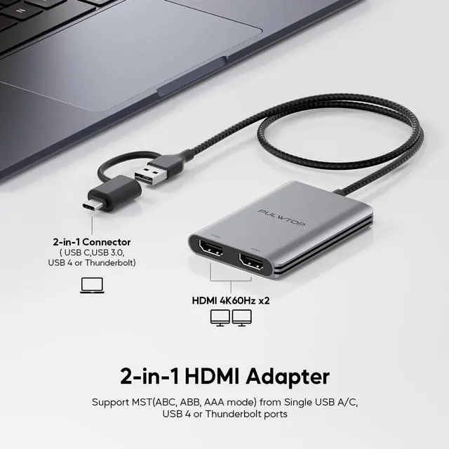 Alt view image 2 of 7 - PULWTOP Displaylink Adapter, USB C to HDMI Adapter with Dual Monitor for Mac M1/M2/M3/M4, USB C to Dual HDMI for MacBook, Laptops, iMac, Driver Required