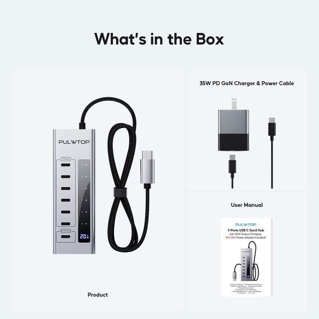 Alt view image 7 of 7 - PULWTOP Powered USB C Hub, 7 in 1 USB C Hub Support Data 10Gbps & Charging(Not Support Video), USB C Powered Hub 10Gbps Ports for iMac, MacBook Pro/Air, iPad, XPS, USB Hub with 35W PD Power Adapter