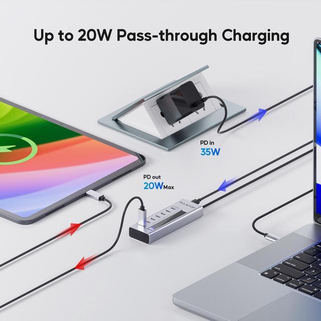 Alt view image 3 of 7 - PULWTOP Powered USB C Hub, 7 in 1 USB C Hub Support Data 10Gbps & Charging(Not Support Video), USB C Powered Hub 10Gbps Ports for iMac, MacBook Pro/Air, iPad, XPS, USB Hub with 35W PD Power Adapter