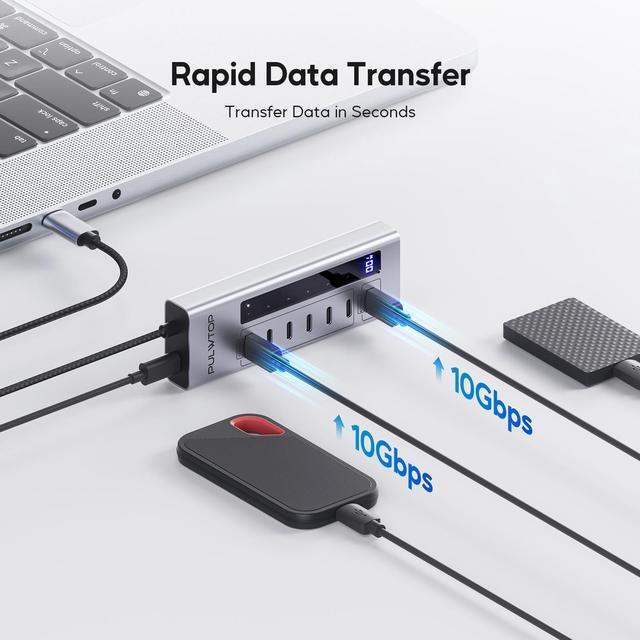 Alt view image 4 of 7 - PULWTOP Powered USB C Hub, 7 in 1 USB C Hub Support Data 10Gbps & Charging(Not Support Video), USB C Powered Hub 10Gbps Ports for iMac, MacBook Pro/Air, iPad, XPS, USB Hub with 35W PD Power Adapter