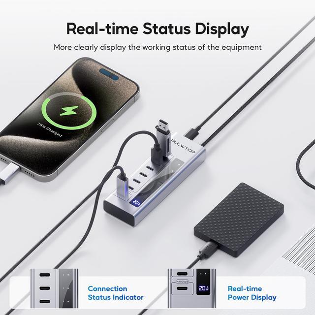 Alt view image 5 of 7 - PULWTOP Powered USB C Hub, 7 in 1 USB C Hub Support Data 10Gbps & Charging(Not Support Video), USB C Powered Hub 10Gbps Ports for iMac, MacBook Pro/Air, iPad, XPS, USB Hub with 35W PD Power Adapter