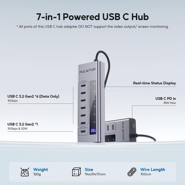 Alt view image 2 of 7 - PULWTOP Powered USB C Hub, 7 in 1 USB C Hub Support Data 10Gbps & Charging(Not Support Video), USB C Powered Hub 10Gbps Ports for iMac, MacBook Pro/Air, iPad, XPS, USB Hub with 35W PD Power Adapter