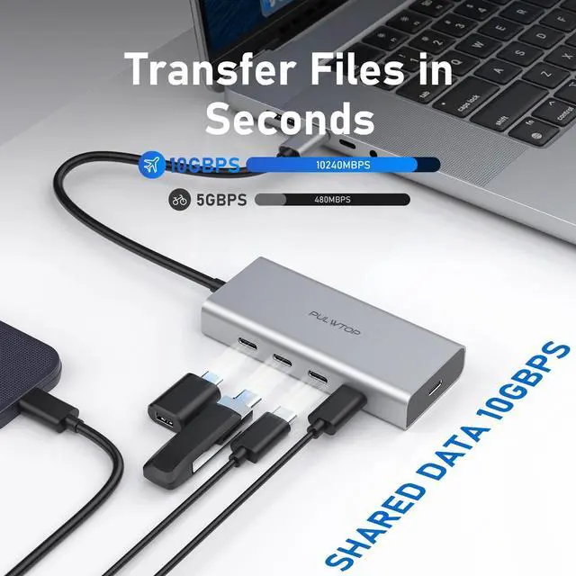 Alt view image 3 of 6 - PULWTOP 5 Port USB C Hub 10Gbps for Laptop, Power Delivery with 100W PD (Not Support Monitor) USB C Hub Multiport Adapter for MacBook