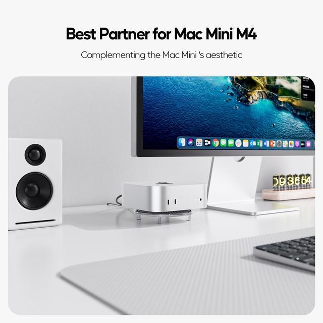 Alt view image 3 of 7 - PULWTOP Clear Acrylic Desk Stand for Mac Mini M4/M4 Pro 2024, Minimalist M4 Holder with Easy Power Button Access, Anti-Slip Base & Heat Dissipation, Compact Space-Saving Design for Mac Mini 2024 Model