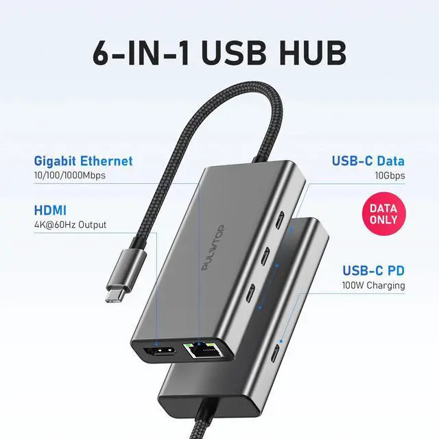 Alt view image 2 of 7 - PULWTOP Laptop Docking Station 6 in 1 USB C HUB Multiport Adapter Dock with 4 * 10Gbps USB C Port,1*HDMI@4K60Hz,100 W PD Charger,Gigabit Ethernet for Laptop