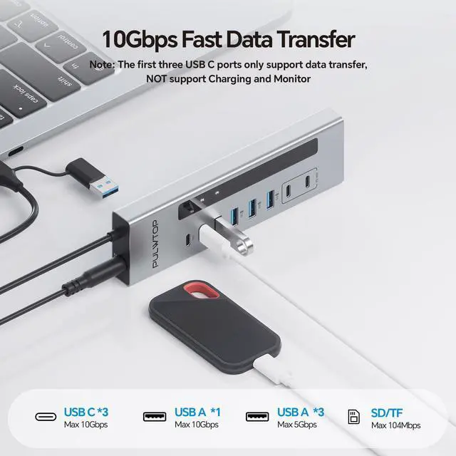 Alt view image 4 of 7 - PULWTOP Powered USB C Hub, 11-in-1 USB Hub with SD/TF, 2*USB-C 10Gbps, 4*USB-A 5/10Gbps and 2 * 24/45W Type-C PD Charging Ports (Not Support Video), USB Powered Hub (72W DC Adapter Included)