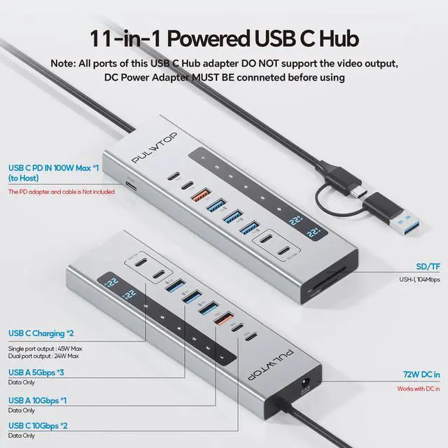 Alt view image 2 of 7 - PULWTOP Powered USB C Hub, 11-in-1 USB Hub with SD/TF, 2*USB-C 10Gbps, 4*USB-A 5/10Gbps and 2 * 24/45W Type-C PD Charging Ports (Not Support Video), USB Powered Hub (72W DC Adapter Included)