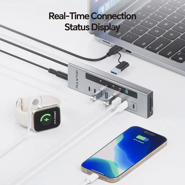 Alt view image 7 of 7 - PULWTOP Powered USB C Hub, 11-in-1 USB Hub with SD/TF, 2*USB-C 10Gbps, 4*USB-A 5/10Gbps and 2 * 24/45W Type-C PD Charging Ports (Not Support Video), USB Powered Hub (72W DC Adapter Included)