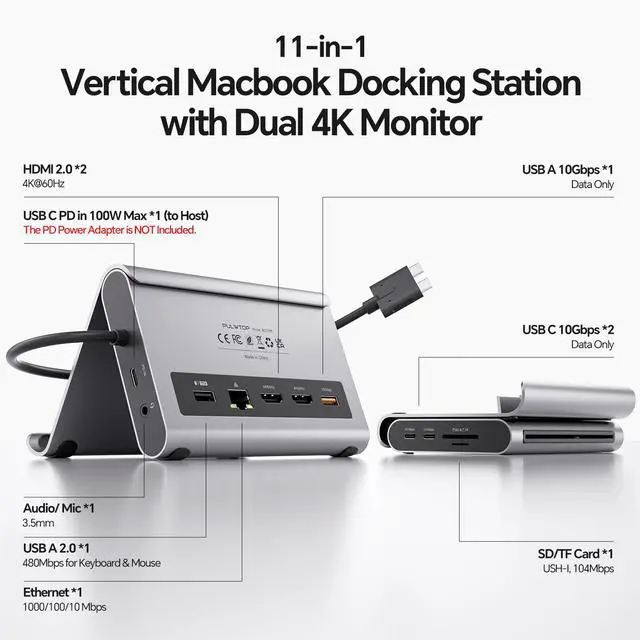 Alt view image 2 of 7 - PULWTOP MacBook Docking Station Dual Monitor 4K@60Hz for MacBook Pro/Air M3 Pro/M4, USB C Docking Station Stand Laptop Dock with 2 HDMI, PD, Ethernet, USB A/C 10Gbps, Audio, SD/TF, USB 2.0