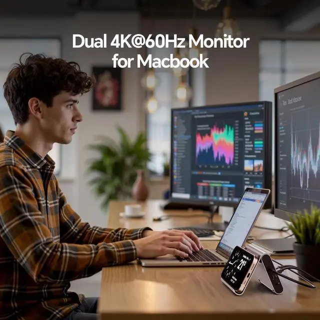 Alt view image 3 of 7 - PULWTOP MacBook Docking Station Dual Monitor 4K@60Hz for MacBook Pro/Air M3 Pro/M4, USB C Docking Station Stand Laptop Dock with 2 HDMI, PD, Ethernet, USB A/C 10Gbps, Audio, SD/TF, USB 2.0